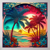 Poster Jolie plage maison palmier (Devant)