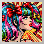 Poster Jolie Pop Art Comic Girl with Bows<br><div class="desc">Jolie fille de style comique pop art coloré avec des cochons et des arcs dans ses cheveux.</div>