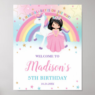 Poster Jolie princesse et licorne Anniversaire Bienvenue
