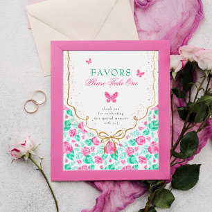 Poster Jolie rose rose florale ruban doré Baby shower