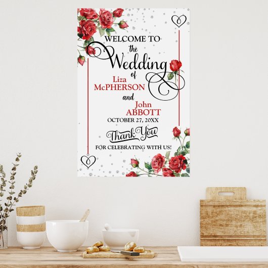 Poster Jolie Roses Rouges Florales Mariage Bienvenue (Cuisine)