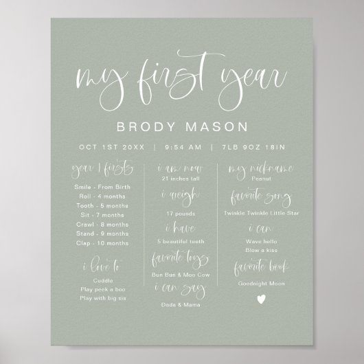Poster JOLIE Sage Green Boho Boy Premier anniversaire Jal (Devant)