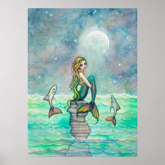 Poster Jolie Sirène Mignonne et Poisson Fantastique Art (Devant)