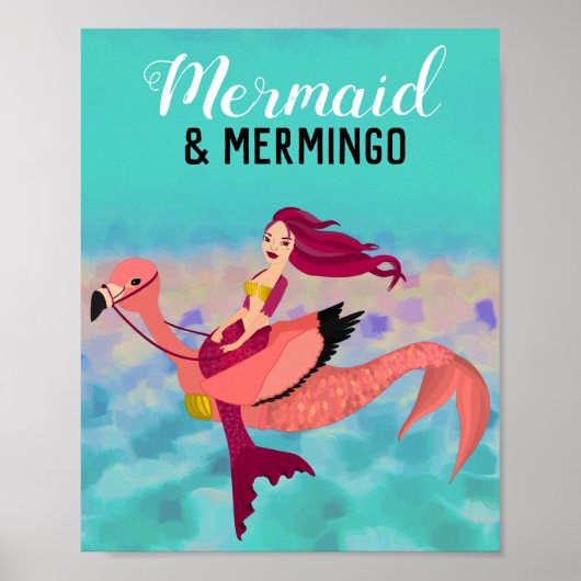 Poster Jolie sirène violette et Flamant rose Mermingo (Devant)
