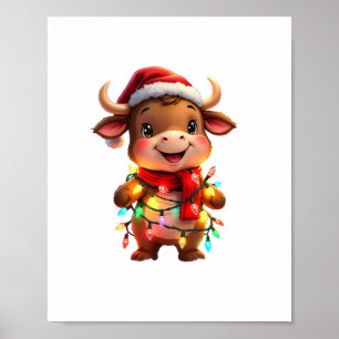 Poster Jolie vache de Noël Festif avec lumières de Noël