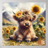 Poster Jolie Vache Highland Aux Tournesols (Devant)