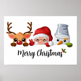 Poster Jolie visite de Noël Père Noël, Reindeer & Snowman
