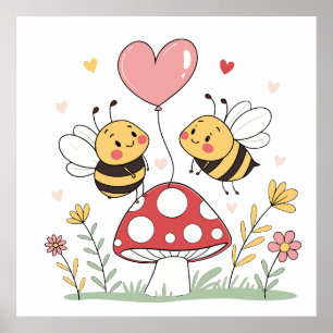 Poster Jolies abeilles de dessin animé avec ballon en for