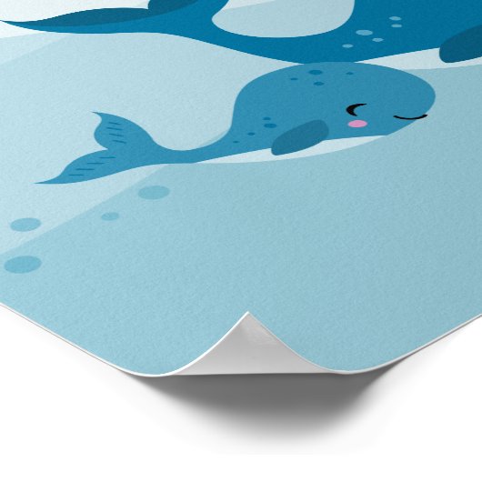 Poster Jolies baleines kawaii nageant dans des vagues ble (Coin)