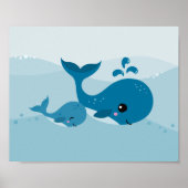 Poster Jolies baleines kawaii nageant dans des vagues ble (Devant)