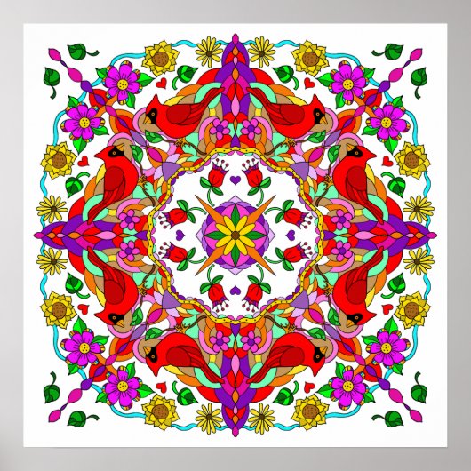 Poster Jolies cardinales et fleurs colorées Mandala (Devant)