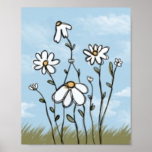 Poster Jolies marguerites blanches dessinées à la main, a