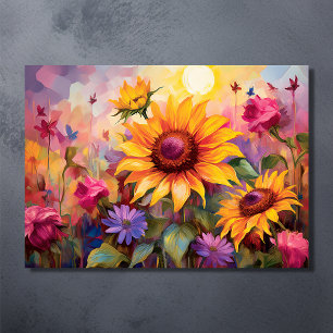 Poster Jolies tournesols en champ de fleurs colorées
