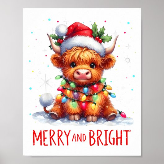 Poster Jolis éclairages de Noël de bébé vache des Highlan (Devant)