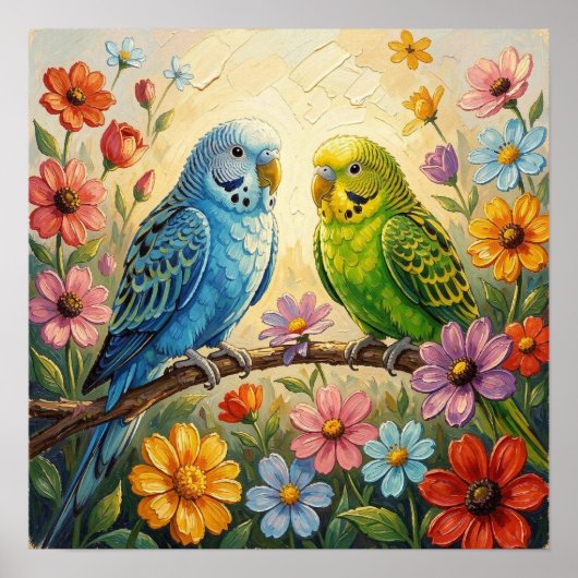 Poster Jolis perroquets bleus et verts (Devant)