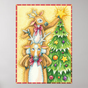 Poster Jolis rennes de Noël avec une étoile d'arbre de No