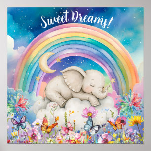 Poster Jolis rêves doux Floral Arc-en-ciel & Éléphant