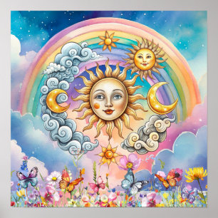 Poster Jolis rêves fleuris Soleil, Étoiles & Lune