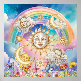 Poster Jolis rêves fleuris Soleil, Étoiles & Lune