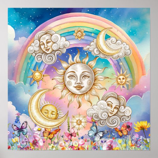 Poster Jolis rêves fleuris Soleil, Étoiles & Lune (Devant)