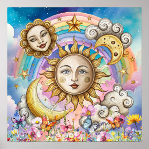 Poster Jolis rêves fleuris Soleil, Étoiles & Lune