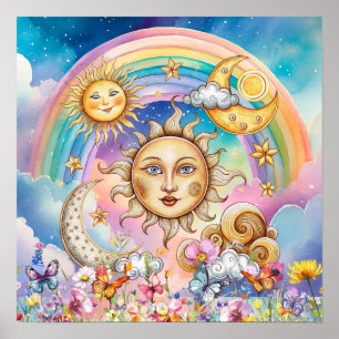 Poster Jolis rêves fleuris Soleil, Étoiles & Lune
