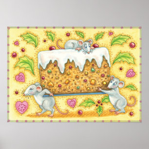 Poster Jolis souris de Noël portant un dessert de gâteau