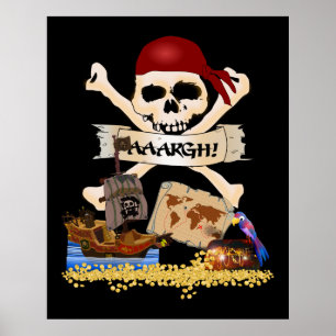 Poster Jolly Roger, Pirate Ship & Pirate's Chest