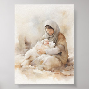 Poster Joseph Holding Lamb and Baby Jesus Aquarelle Art