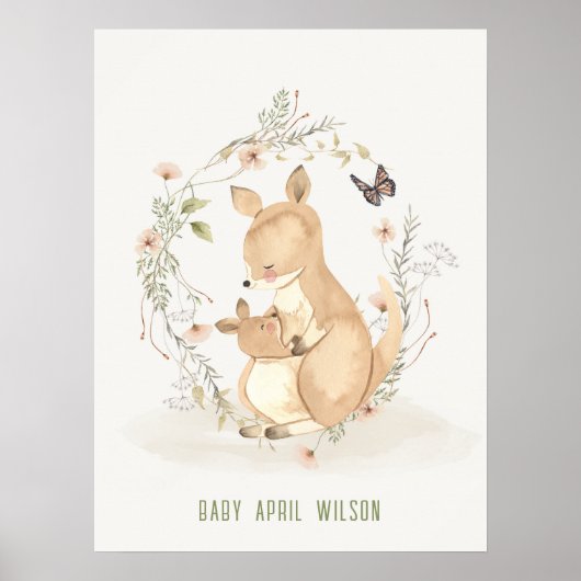 Poster Jote Mama Kangaroo Aquarelle Floral Baby (Devant)
