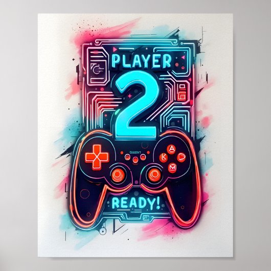 Poster Joueur 2 Prêt Neon Gamer Art (Devant)