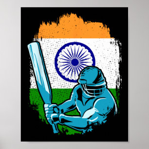 Poster Joueur de cricket indien Drapeau indien Fan de cri