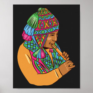 Poster Joueur de flûte graphique de musique andine tradit