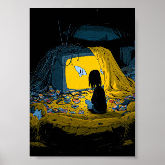 Poster Joueur de Pixel Art Rétro Regardant une Télévision