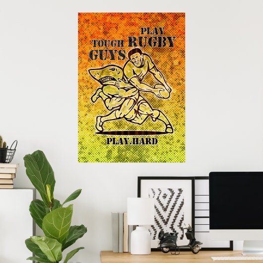 Poster joueur de rugby avec balle attaquée par une affich (Bureau à domicile)