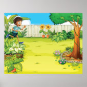 Poster Joueur garçon courir dans un Jardin vert luxuriant (Devant)