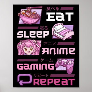 Poster Joueur Jeux Vidéo Drôle Manger Dormir Anime Jeux