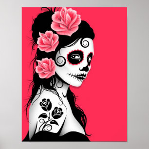 Poster Jour de la fille crâne de sucre mort - rose