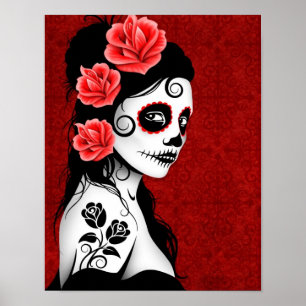 Poster Jour de la fille crâne de sucre mort - rouge