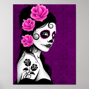 Poster Jour de la fille crâne de sucre mort - violet