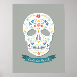 Poster Jour de l'affiche morte de crâne de sucre - blanc