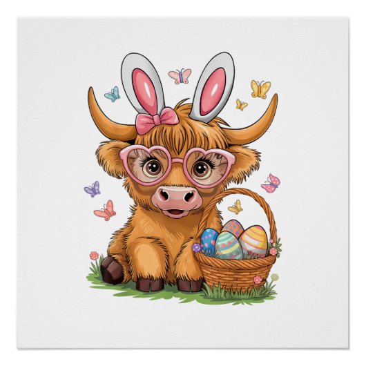 Poster Jour de Pâques Vache des Highlands Lapin de Pâques (Devant)