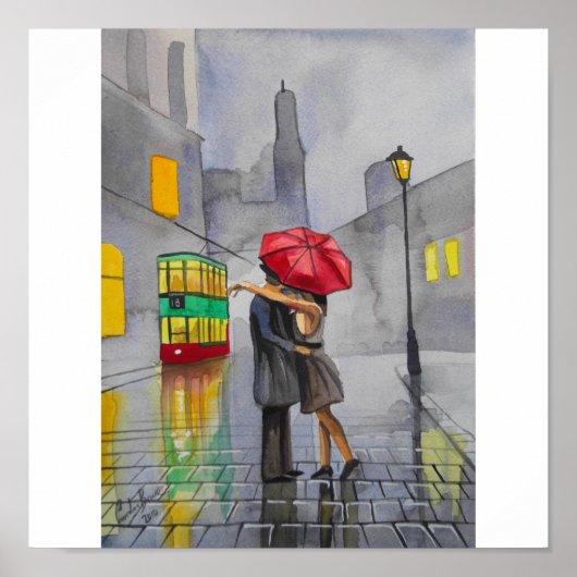 Poster JOUR DES PLUIES ROUGE UMBRELLA tram scène de rue P (Devant)