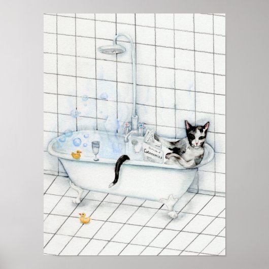 Poster Journal de lecture de chat dans la baignoire (Devant)