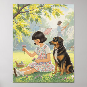 Poster Jours passés - Fille mère et chien