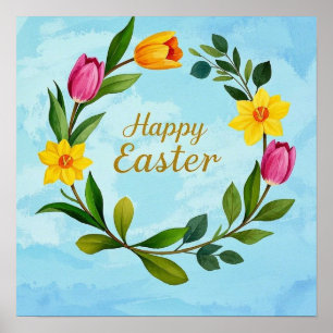 Poster Joyeuse couronne d'aquarelle de Pâques tulipes