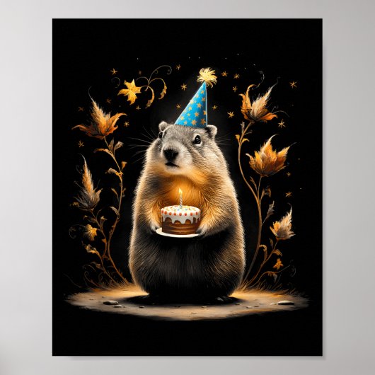 Poster Joyeuse fête de la marmotte avec gâteau d'annivers (Devant)