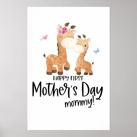 Poster Joyeuse fête des mères 🦒 Giraffe + Papillons (Devant)