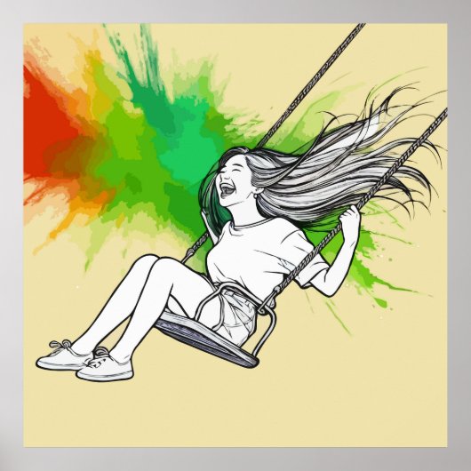 Poster Joyeuse fille sur le swing - Vibrant éclaboussure  (Devant)