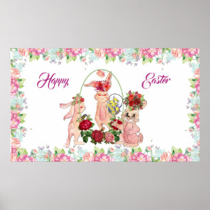 Poster Joyeuse Pâques 3 Bunny Aquarelle rose bleu floral